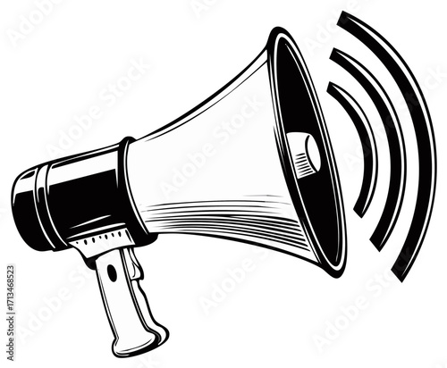 Classic black and white megaphone emitting powerful sound waves an iconic communication symbol