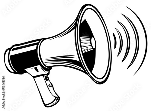 Retro black and white megaphone illustration emitting sound waves for public announcement and communication