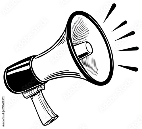 Vintage style black and white illustration of a loud speaker announcing news or making an announcement