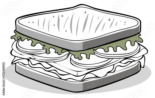 Illustration of a Filled Sandwich with Bread and Lettuce on White Background