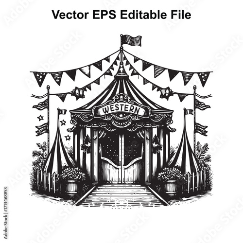 Vector art of vintage western circus tent with flags and pennants
