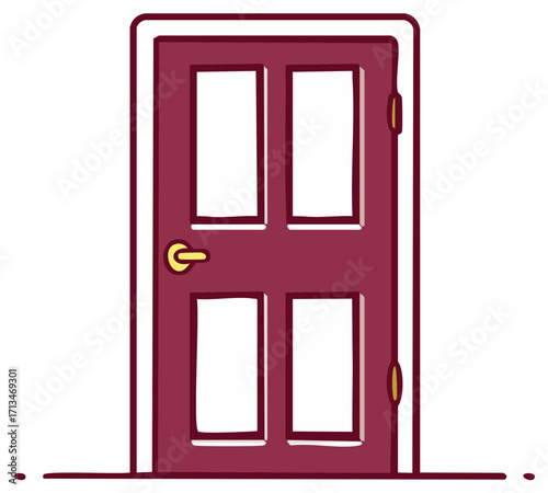 Stylized Illustration of Closed Door with Four Panels and Golden Hardware Elements