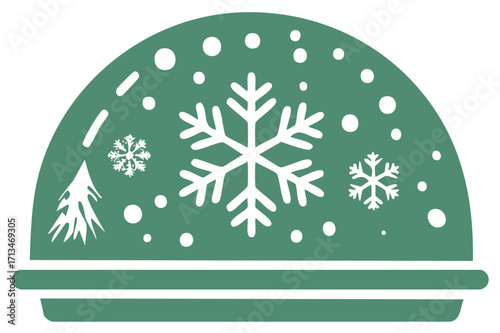 Festive green dome with winter scene snow flakes evergreen tree and falling snow dots