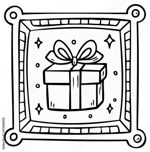 Hand drawn gift box with decorative bow inside ornate frame line art doodle