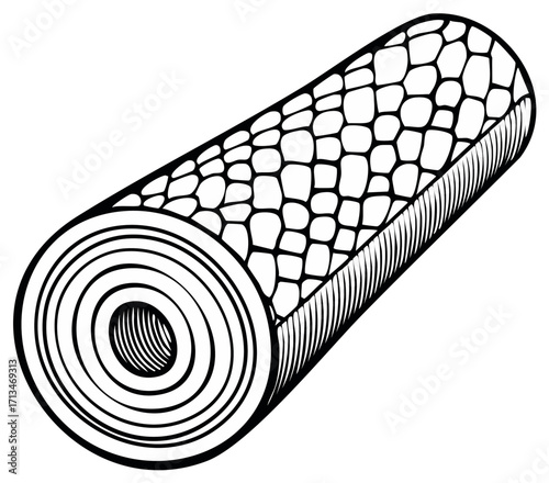Abstract rolled object with unique scale texture and concentric circle end black and white illustration