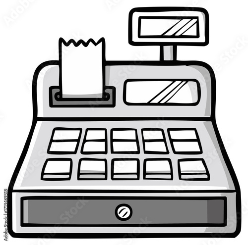 Classic Cartoon Cash Register with Receipt Paper Ready for Retail Store Payments