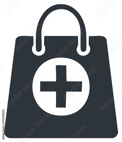 Medical Purchase: Icon of Health Cross Symbol on Dark Shopping Bag for Pharmaceutical, Healthcare, First Aid.