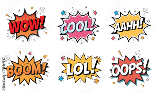 Colorful Comic Lettering Speech Bubble Text Set with Words WOW, COOL, BOOM, LOL, OOPS, and AAHH in Retro Pop Art Style for Stickers and Design