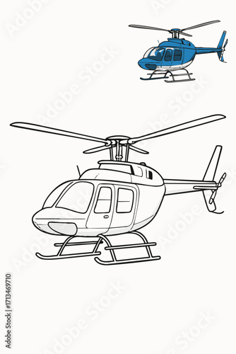 Helicopter illustration with coloring book outline version.