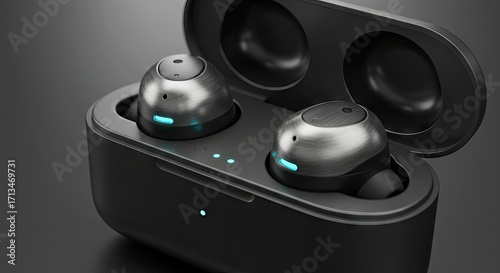 Wireless earbuds in a charging case Metallic gray with blue indicators