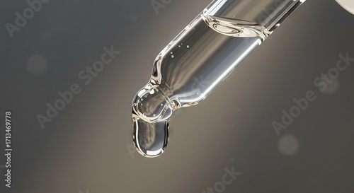 A clear glass dropper with a transparent liquid drop at the tip against a gray background with soft bokeh highlights