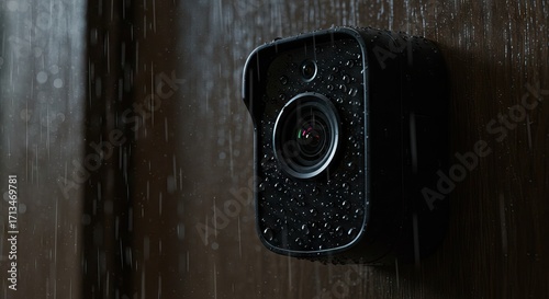 A black outdoor security camera affixed to a wooden surface under rain