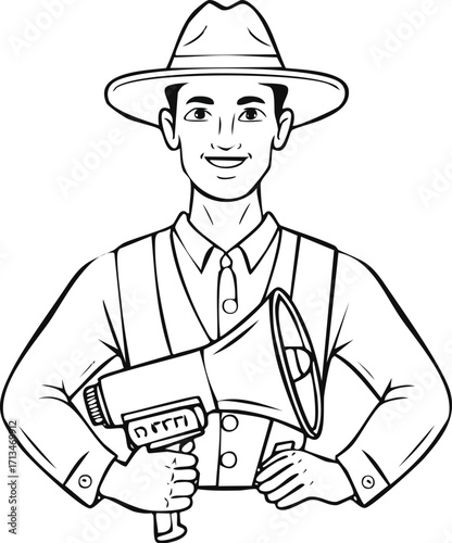 A smiling man in a hat holds a megaphone, ready to speak.