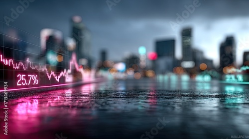 Wallpaper Mural Abstract Cityscape with Financial Chart Overlay in Night Scene Featuring Neon Pink Accents and Wet Asphalt with Reflected City Lights Torontodigital.ca