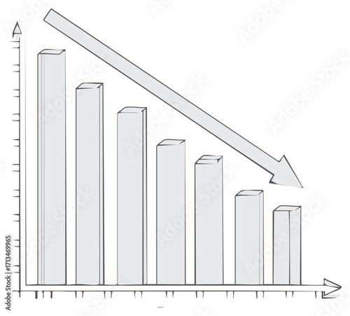 Hand drawn bar chart illustration depicting financial decline and economic downturn trend with a falling arrow