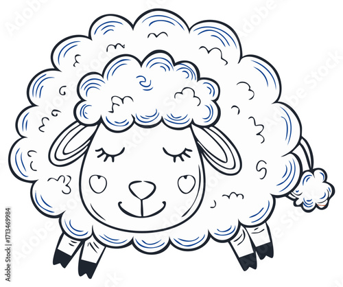 Cartoon Illustration of a Sleepy Sheep with Closed Eyes in Hand Drawn Style