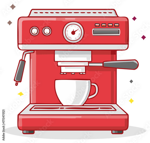 Red Espresso Machine Preparing Coffee With Cup And Steam Wand