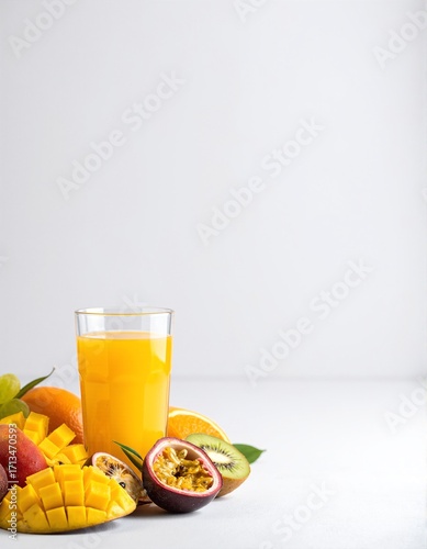 A tall, clear glass of freshly squeezed orange juice sits on a wooden table, surrounded by vibrant oranges, a sliced grapefruit, and a few sprigs of mint.