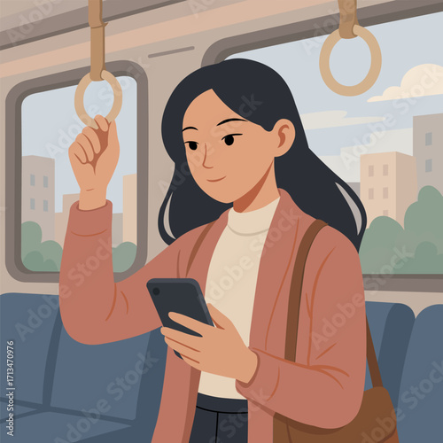 Illustration of a young woman standing in a subway train, holding a strap with one hand and using a smartphone with the other. Casual urban commute scene.