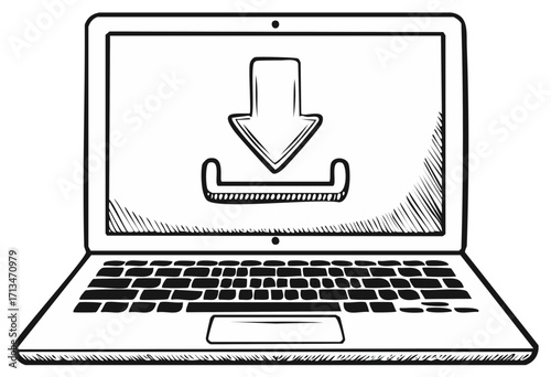 Hand drawn laptop displaying a download icon symbolizing data transfer and digital storage