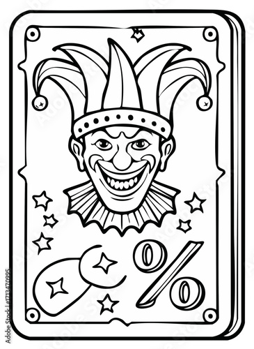 Jester playing card design with stars, coins, and a percentage symbol