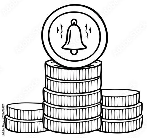 Alarm bell coin on top of stacked money coins, finance symbol, vector illustration