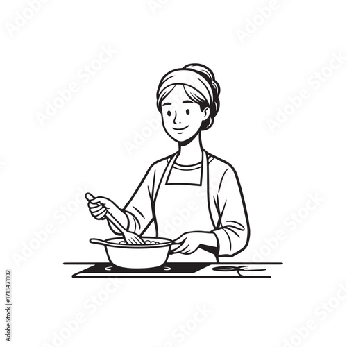 Black and White Vector Illustration of a Smiling Woman Cooking in Kitchen with Apron and Headband
