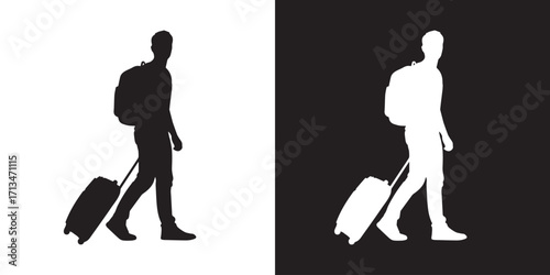 Silhouette of a person walking with a suitcase and backpack. Ideal for travel, tourism, or vacation concepts