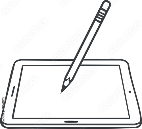 A digital tablet with a pencil or stylus resting on its screen, drawn in a simple, minimalist style.