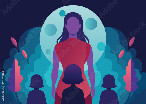 Empowering woman stands tall under moonlit sky guiding smaller figures through lush, abstract foliage