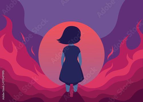Young girl stands facing surreal fiery sunset, symbolizing hope, transformation, and inner strength amidst challenges.