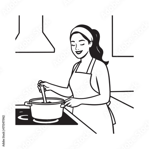 Black and White Vector Illustration of a Smiling Woman Cooking in Kitchen with Apron and Headband
