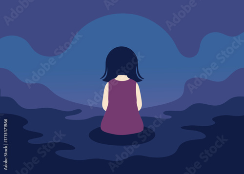 Solitary figure contemplating abstract swirling shapes evoking inner thoughts and emotional landscapes