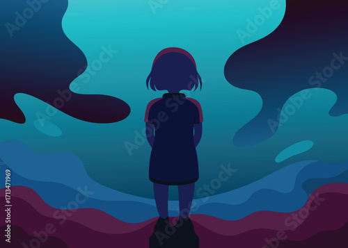 Young girl contemplating abstract dreamscape with vibrant blues and purples, conveying introspection and wonder