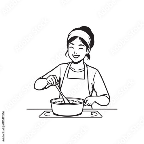 Black and White Vector Illustration of a Smiling Woman Cooking in Kitchen with Apron and Headband
