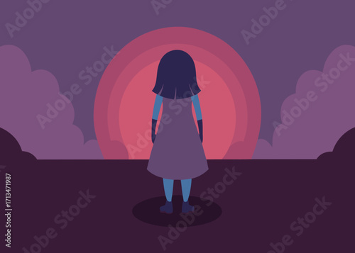Mysterious figure facing a vibrant, surreal sunset with swirling clouds and a layered horizon creating an atmospheric, dreamlike scene.