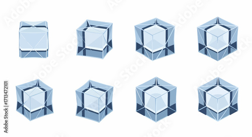A set of eight realistic blue ice cubes shown from various angles and perspectives on a white background.