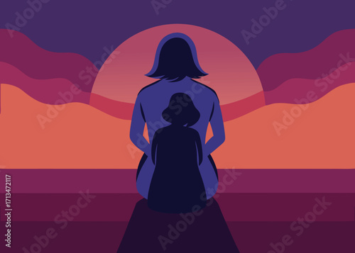 Mother and child embracing at sunset, a symbol of unconditional love and enduring family bonds