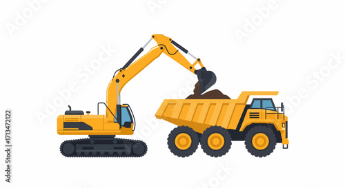 Yellow excavator loading dirt into a large dump truck on a white background, representing heavy construction machinery.