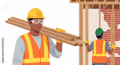 Two construction workers are working on a building site, one carrying wood and the other holding a beam.