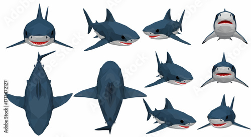 Various angles and perspectives of a blue shark illustration on a white background.