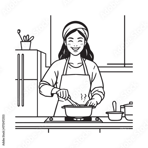 Black and White Vector Illustration of a Smiling Woman Cooking in Kitchen with Apron and Headband
