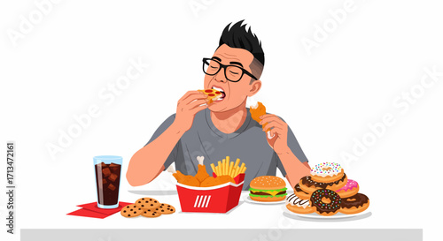 A young man with glasses is shown binge-eating a large amount of unhealthy fast food, including fried chicken, donuts, and a burger.