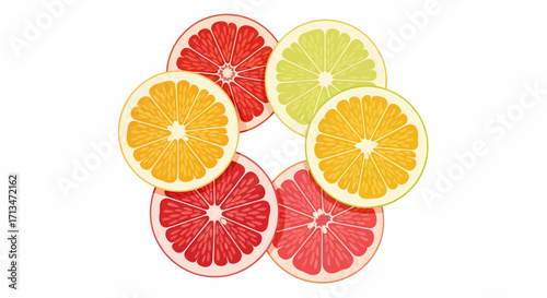 A vibrant arrangement of sliced citrus fruits, including grapefruits and oranges, forming a circular pattern against a white background.