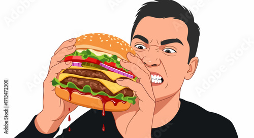 A man aggressively biting into a large, juicy hamburger.