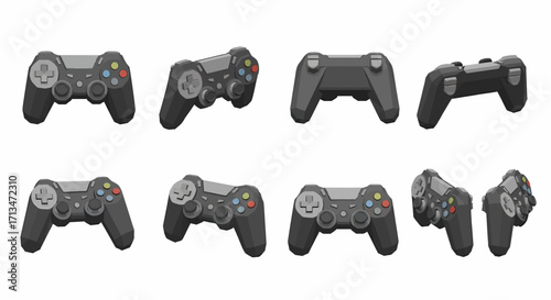 A collection of eight black video game controllers displayed from various angles against a white background.