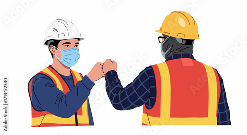 Two construction workers in safety vests and hard hats bump fists, wearing masks for safety.