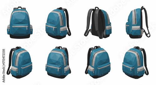 Multiple views of a blue backpack with silver zippers.