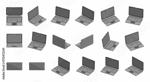 Various isometric views of a gray laptop computer, showcasing different angles and positions.