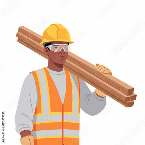 Construction worker carrying lumber on shoulder.